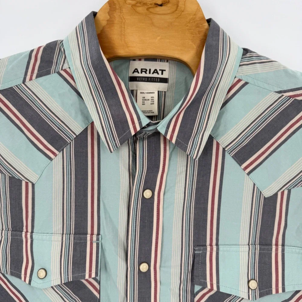 Ariat Retro Fitted Mens XXL Blue‎ Striped Western Pearl Snap Shirt LS NWT
